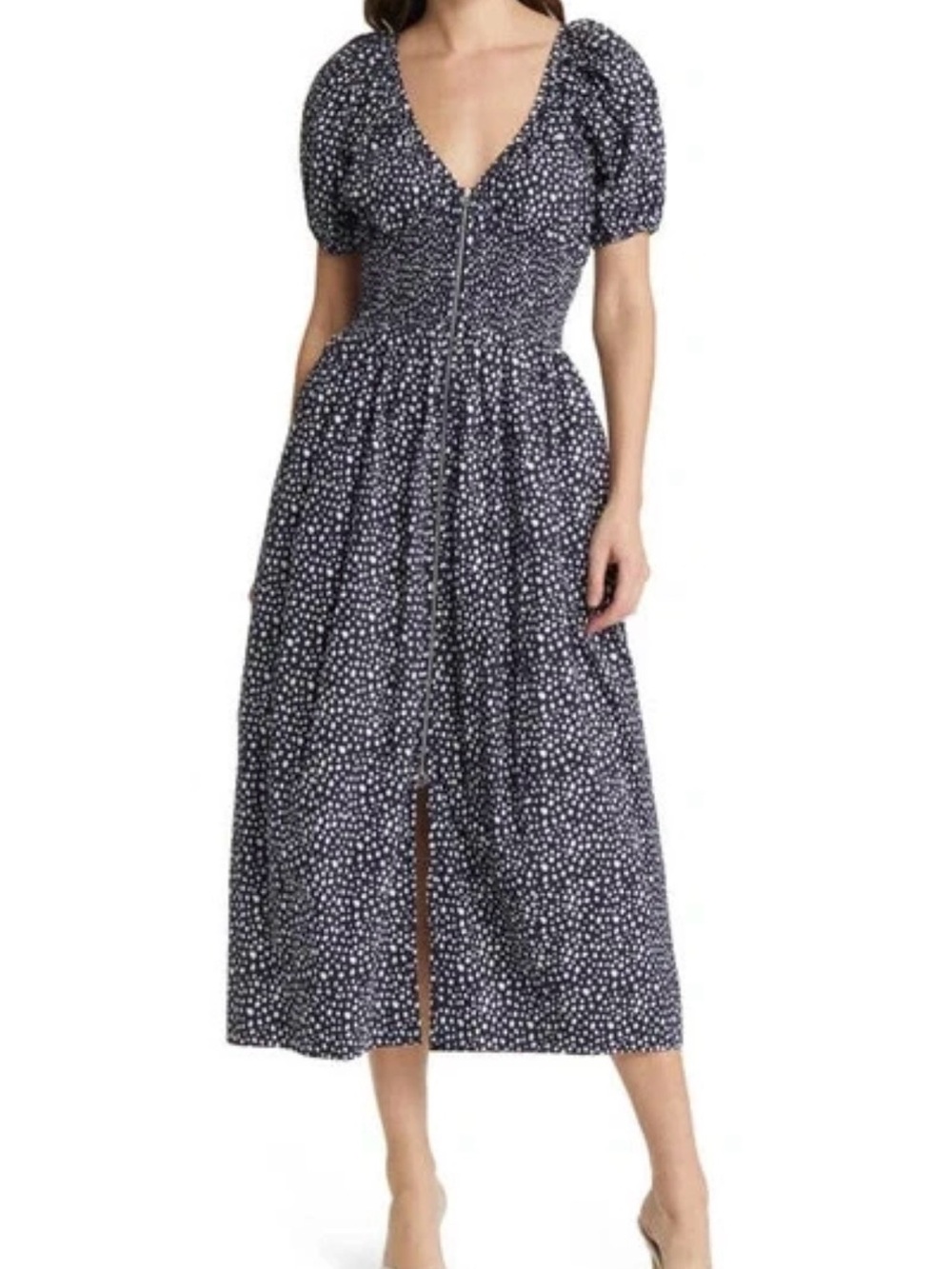 La Ligne Celina Printed Smocked Dress Navy White Dot Puff Sleeve Midi Women Sz M